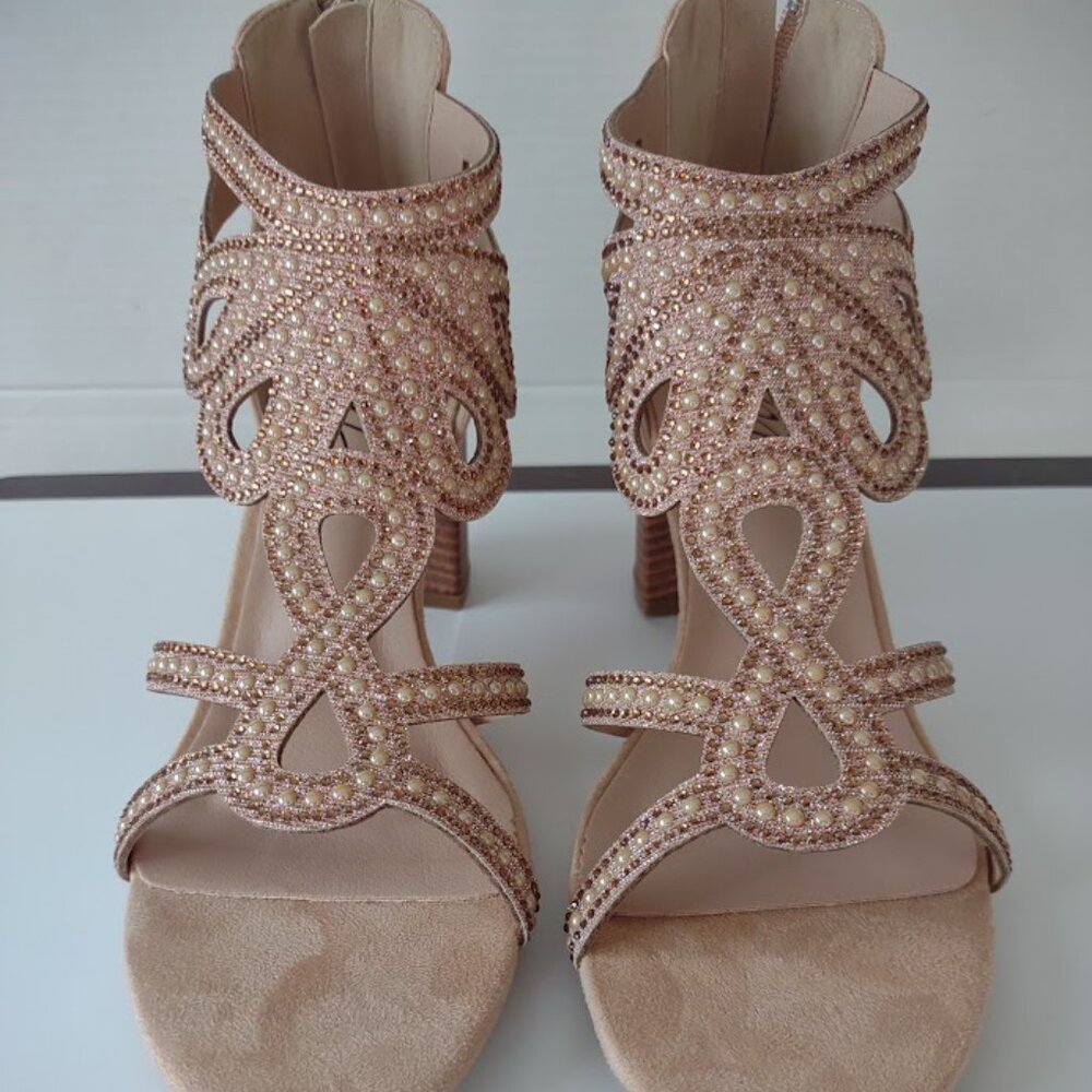 Women's Embellished Tan Gladiators Pearls, Bronze Sequins Stacked Heel 9M NEW!